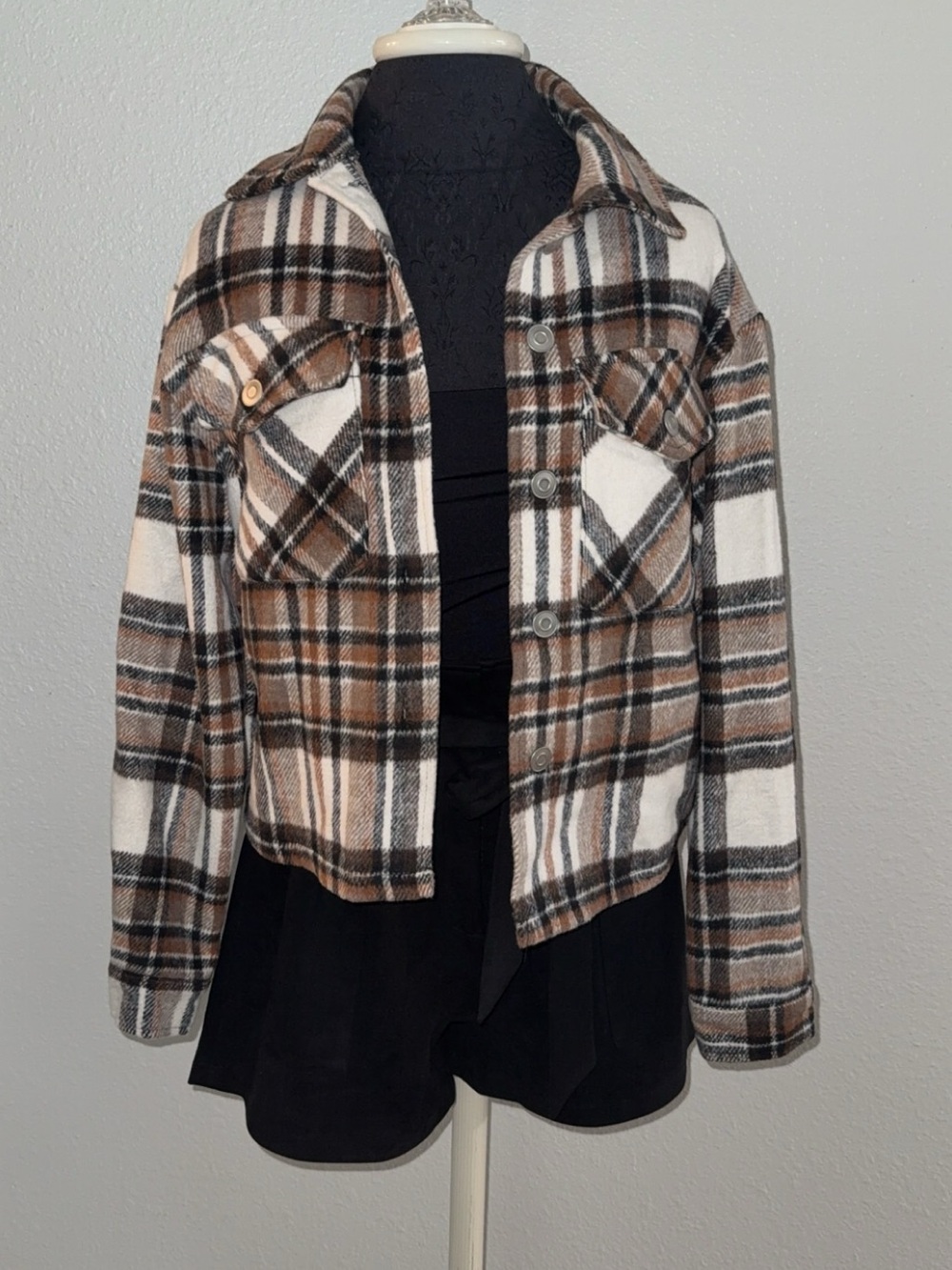 Women’s Plaid Shacket - Brown Ivory and Black Small